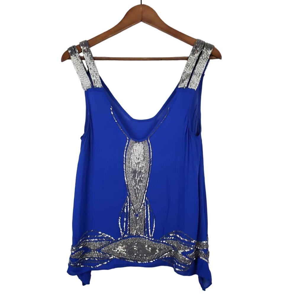 Silk Beaded Blouse Deep V Top Sheer Blue Silver - XS